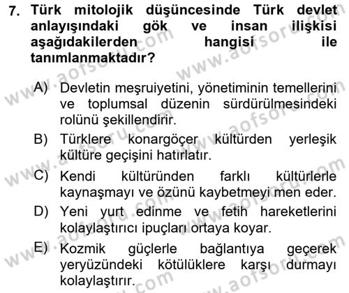Türk Mitolojisi Dersi Ara Sınavı Deneme Sınav Soruları 7. Soru