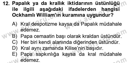 Siyasi Düşünceler Tarihi Dersi 2012 - 2013 Yılı (Vize) Ara Sınav Soruları 12. Soru