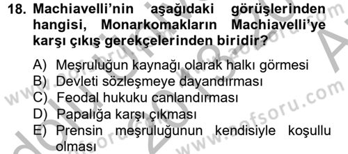 Siyasi Düşünceler Tarihi Dersi 2013 - 2014 Yılı (Vize) Ara Sınav Soruları 18. Soru