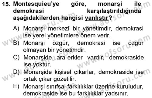 Siyasi Düşünceler Tarihi Dersi 2013 - 2014 Yılı (Final) Dönem Sonu Sınav Soruları 15. Soru