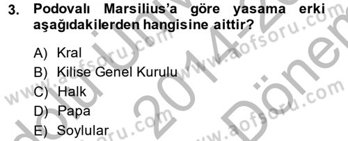 Siyasi Düşünceler Tarihi Dersi 2014 - 2015 Yılı (Final) Dönem Sonu Sınav Soruları 3. Soru