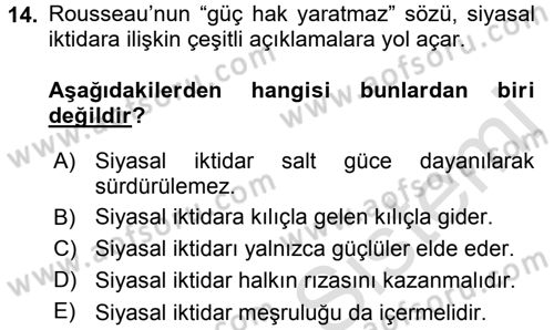 Siyasi Düşünceler Tarihi Dersi 2015 - 2016 Yılı (Final) Dönem Sonu Sınav Soruları 14. Soru