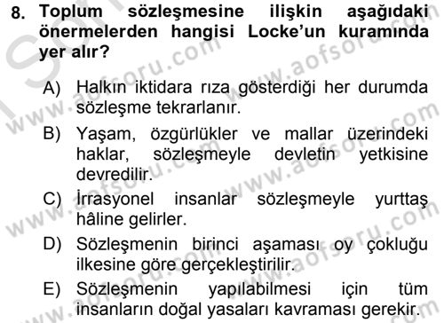 Siyasi Düşünceler Tarihi Dersi 2015 - 2016 Yılı (Final) Dönem Sonu Sınav Soruları 8. Soru