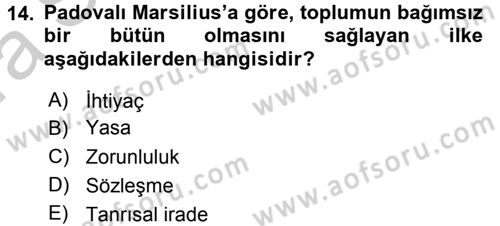 Siyasi Düşünceler Tarihi Dersi 2016 - 2017 Yılı (Vize) Ara Sınav Soruları 14. Soru