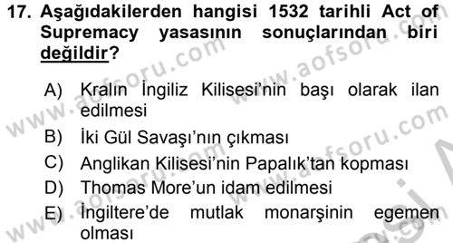 Siyasi Düşünceler Tarihi Dersi 2016 - 2017 Yılı (Vize) Ara Sınav Soruları 17. Soru