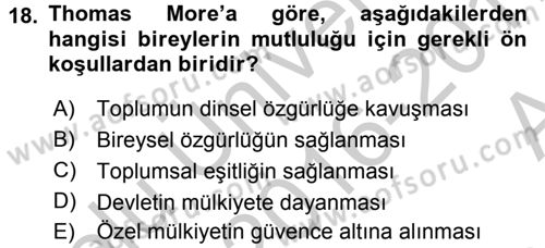 Siyasi Düşünceler Tarihi Dersi 2016 - 2017 Yılı (Vize) Ara Sınav Soruları 18. Soru