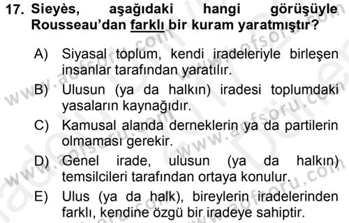 Siyasi Düşünceler Tarihi Dersi 2017 - 2018 Yılı (Final) Dönem Sonu Sınav Soruları 17. Soru