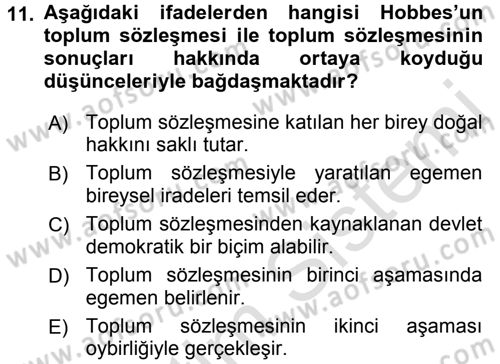Siyasi Düşünceler Tarihi Dersi 2018 - 2019 Yılı 3 Ders Sınav Soruları 11. Soru