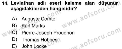 Siyasi Düşünceler Tarihi Dersi 2018 - 2019 Yılı 3 Ders Sınav Soruları 14. Soru