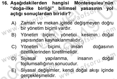 Siyasi Düşünceler Tarihi Dersi 2018 - 2019 Yılı 3 Ders Sınav Soruları 16. Soru