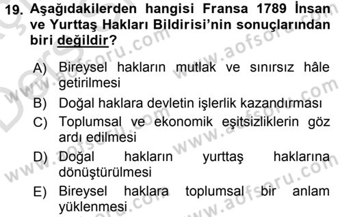 Siyasi Düşünceler Tarihi Dersi 2018 - 2019 Yılı 3 Ders Sınav Soruları 19. Soru