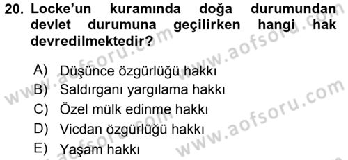 Siyasi Düşünceler Tarihi Dersi 2018 - 2019 Yılı 3 Ders Sınav Soruları 20. Soru
