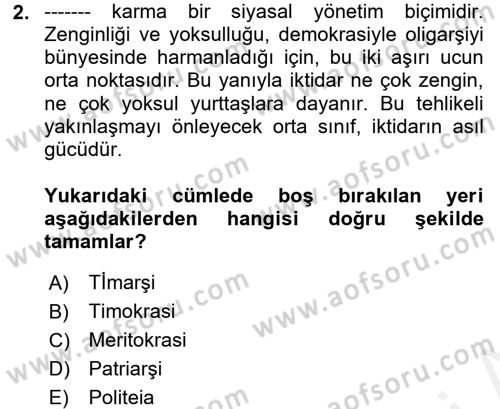 Siyasi Düşünceler Tarihi Dersi 2018 - 2019 Yılı (Vize) Ara Sınav Soruları 2. Soru