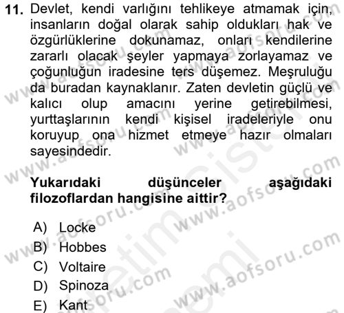 Siyasi Düşünceler Tarihi Dersi 2018 - 2019 Yılı (Final) Dönem Sonu Sınav Soruları 11. Soru