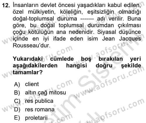 Siyasi Düşünceler Tarihi Dersi 2020 - 2021 Yılı Yaz Okulu Sınav Soruları 12. Soru