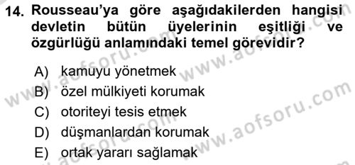 Siyasi Düşünceler Tarihi Dersi 2020 - 2021 Yılı Yaz Okulu Sınavı 14. Soru