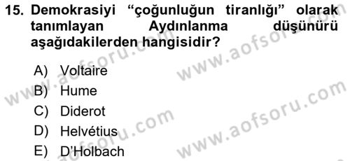Siyasi Düşünceler Tarihi Dersi 2020 - 2021 Yılı Yaz Okulu Sınav Soruları 15. Soru