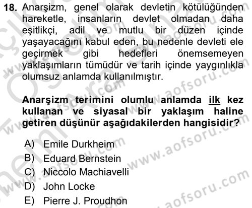 Siyasi Düşünceler Tarihi Dersi 2021 - 2022 Yılı (Vize) Ara Sınavı 18. Soru