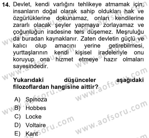 Siyasi Düşünceler Tarihi Dersi 2022 - 2023 Yılı Yaz Okulu Sınav Soruları 14. Soru