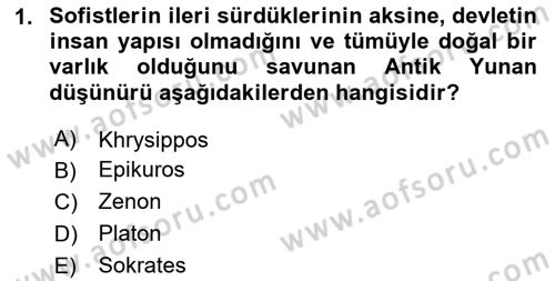 Siyasi Düşünceler Tarihi Dersi 2023 - 2024 Yılı (Vize) Ara Sınav Soruları 1. Soru