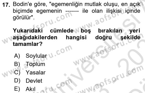 Siyasi Düşünceler Tarihi Dersi 2023 - 2024 Yılı (Vize) Ara Sınav Soruları 17. Soru