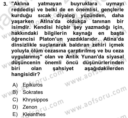 Siyasi Düşünceler Tarihi Dersi 2023 - 2024 Yılı (Vize) Ara Sınav Soruları 3. Soru