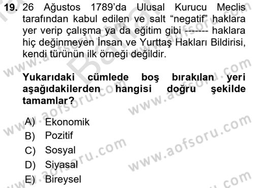 Siyasi Düşünceler Tarihi Dersi 2023 - 2024 Yılı (Final) Dönem Sonu Sınav Soruları 19. Soru