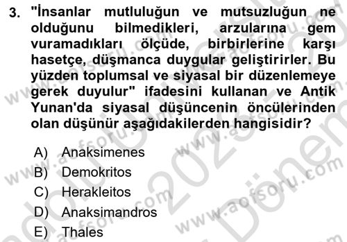 Siyasi Düşünceler Tarihi Dersi 2023 - 2024 Yılı (Final) Dönem Sonu Sınav Soruları 3. Soru