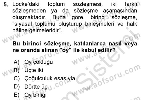 Siyasi Düşünceler Tarihi Dersi 2023 - 2024 Yılı (Final) Dönem Sonu Sınav Soruları 5. Soru