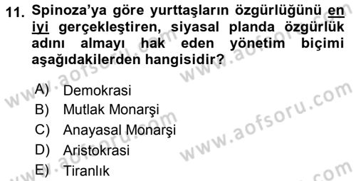 Siyasi Düşünceler Tarihi Dersi 2023 - 2024 Yılı Yaz Okulu Sınav Soruları 11. Soru