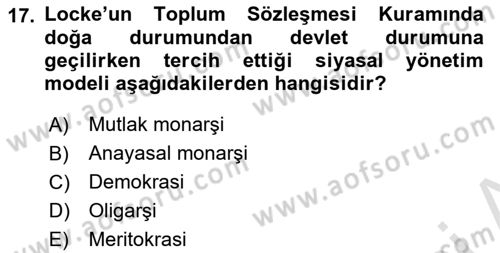 Siyasi Düşünceler Tarihi Dersi 2023 - 2024 Yılı Yaz Okulu Sınav Soruları 17. Soru