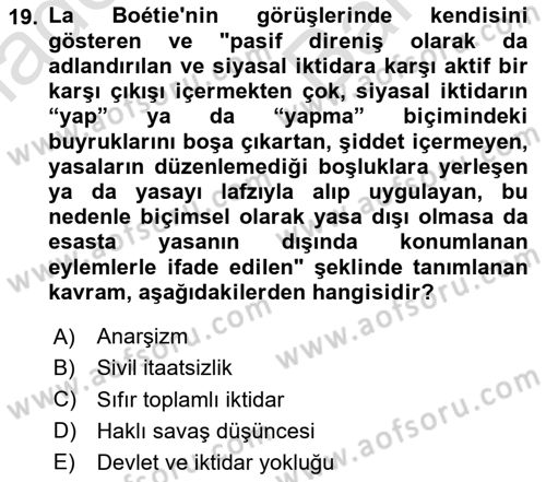 Siyasi Düşünceler Tarihi Dersi 2024 - 2025 Yılı (Vize) Ara Sınav Soruları 19. Soru