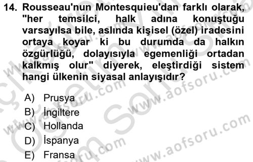Siyasi Düşünceler Tarihi Dersi 2024 - 2025 Yılı (Final) Dönem Sonu Sınav Soruları 14. Soru