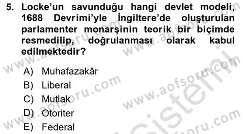 Siyasi Düşünceler Tarihi Dersi 2024 - 2025 Yılı (Final) Dönem Sonu Sınav Soruları 5. Soru