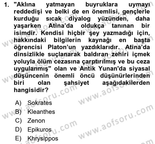 Siyasi Düşünceler Tarihi Dersi 2025 - 2026 Yılı (Vize) Ara Sınav Soruları 1. Soru
