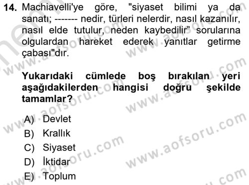 Siyasi Düşünceler Tarihi Dersi 2025 - 2026 Yılı (Vize) Ara Sınav Soruları 14. Soru