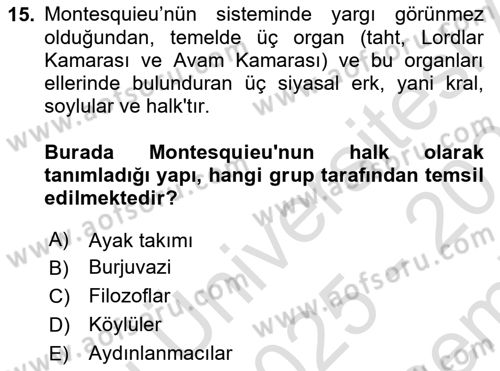 Siyasi Düşünceler Tarihi Dersi 2025 - 2026 Yılı (Final) Dönem Sonu Sınav Soruları 15. Soru