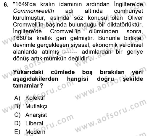 Siyasi Düşünceler Tarihi Dersi 2025 - 2026 Yılı (Final) Dönem Sonu Sınav Soruları 6. Soru