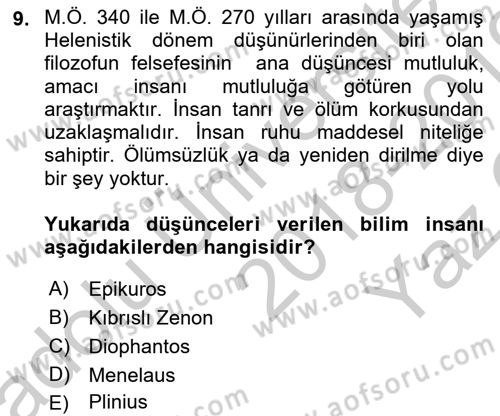 Bilim ve Teknoloji Tarihi Dersi 2018 - 2019 Yılı Yaz Okulu Sınavı 9. Soru