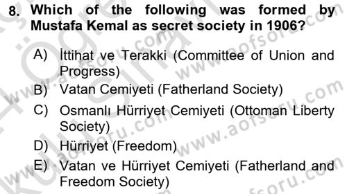Principles Of Ataturk And The History Of Turkish Revolution 1 Dersi 2023 - 2024 Yılı Yaz Okulu Sınav Soruları 8. Soru