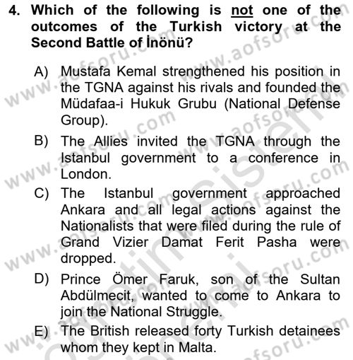 Principles Of Ataturk And The History Of Turkish Revolution 1 Dersi 2024 - 2025 Yılı (Final) Dönem Sonu Sınav Soruları 4. Soru