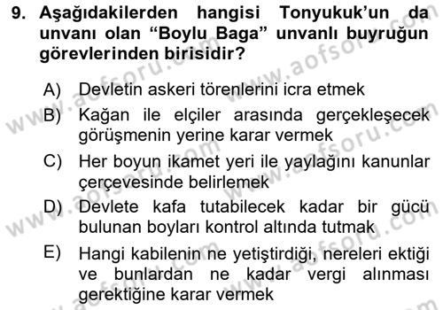 Türk Kültürü Ve Tarihine Giriş Dersi Dönem Sonu Sınavı Deneme Sınav Soruları 9. Soru