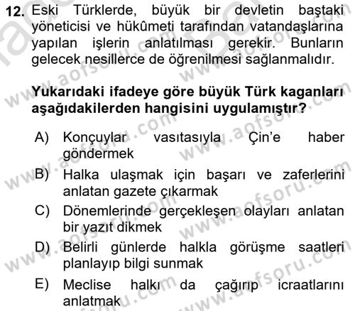 Türk Kültürü Ve Tarihine Giriş Dersi 2025 - 2026 Yılı (Vize) Ara Sınav Soruları 12. Soru