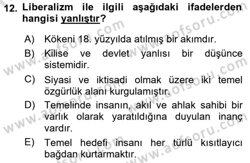 Yakınçağ Avrupa Tarihi Dersi Ara Sınavı Deneme Sınav Soruları 12. Soru