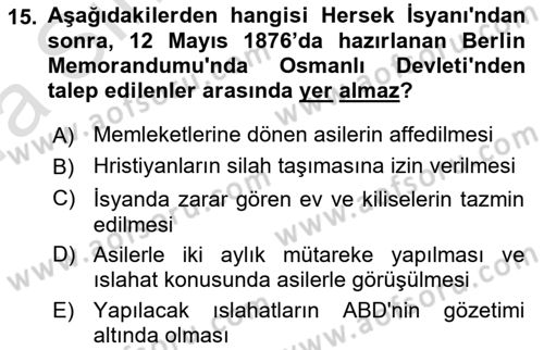 Yakınçağ Avrupa Tarihi Dersi Ara Sınavı Deneme Sınav Soruları 15. Soru