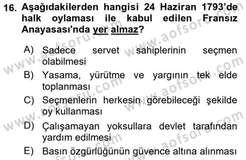 Yakınçağ Avrupa Tarihi Dersi Ara Sınavı Deneme Sınav Soruları 16. Soru