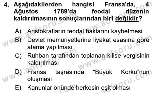 Yakınçağ Avrupa Tarihi Dersi Ara Sınavı Deneme Sınav Soruları 4. Soru