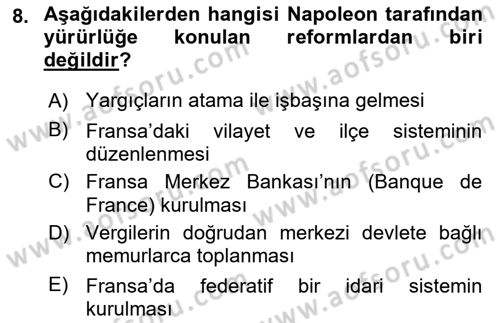 Yakınçağ Avrupa Tarihi Dersi Ara Sınavı Deneme Sınav Soruları 8. Soru