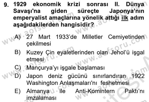 Yakınçağ Avrupa Tarihi Dersi 2018 - 2019 Yılı 3 Ders Sınav Soruları 9. Soru