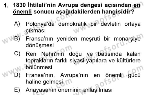 Yakınçağ Avrupa Tarihi Dersi Ara Sınavı Deneme Sınav Soruları 1. Soru